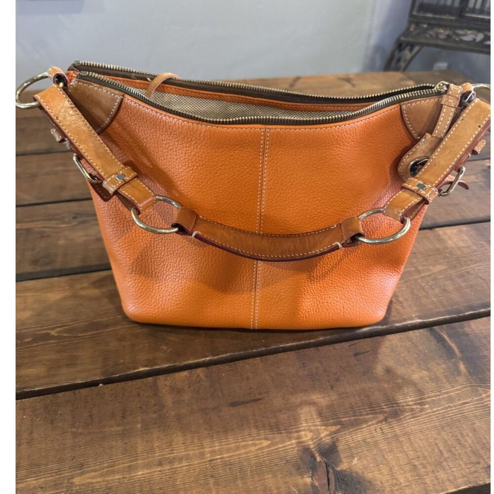 Dooney and Bourke Orange/Tan Pebbled Leather O-Ring Slouch Hobo Bag - Picture 2 of 8